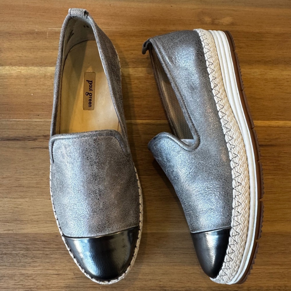 Paul Green Women 5.5 UK 3 Metallic Silver Leather Espadrille Loafer Cap Toe